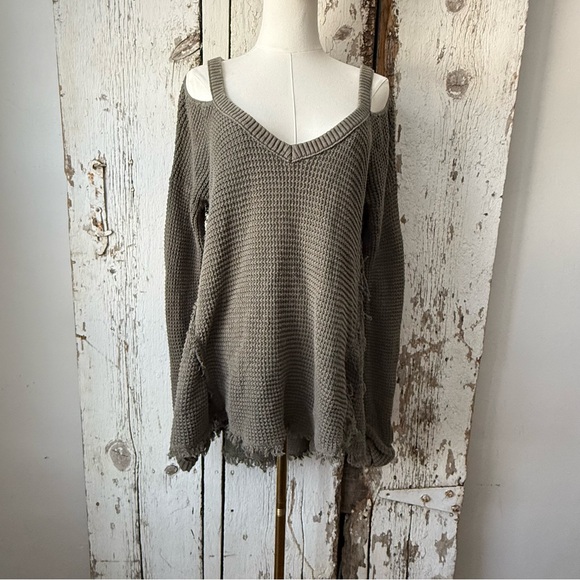Free people olive green moonshine sweater waffle distressed sz M - Picture 4 of 12
